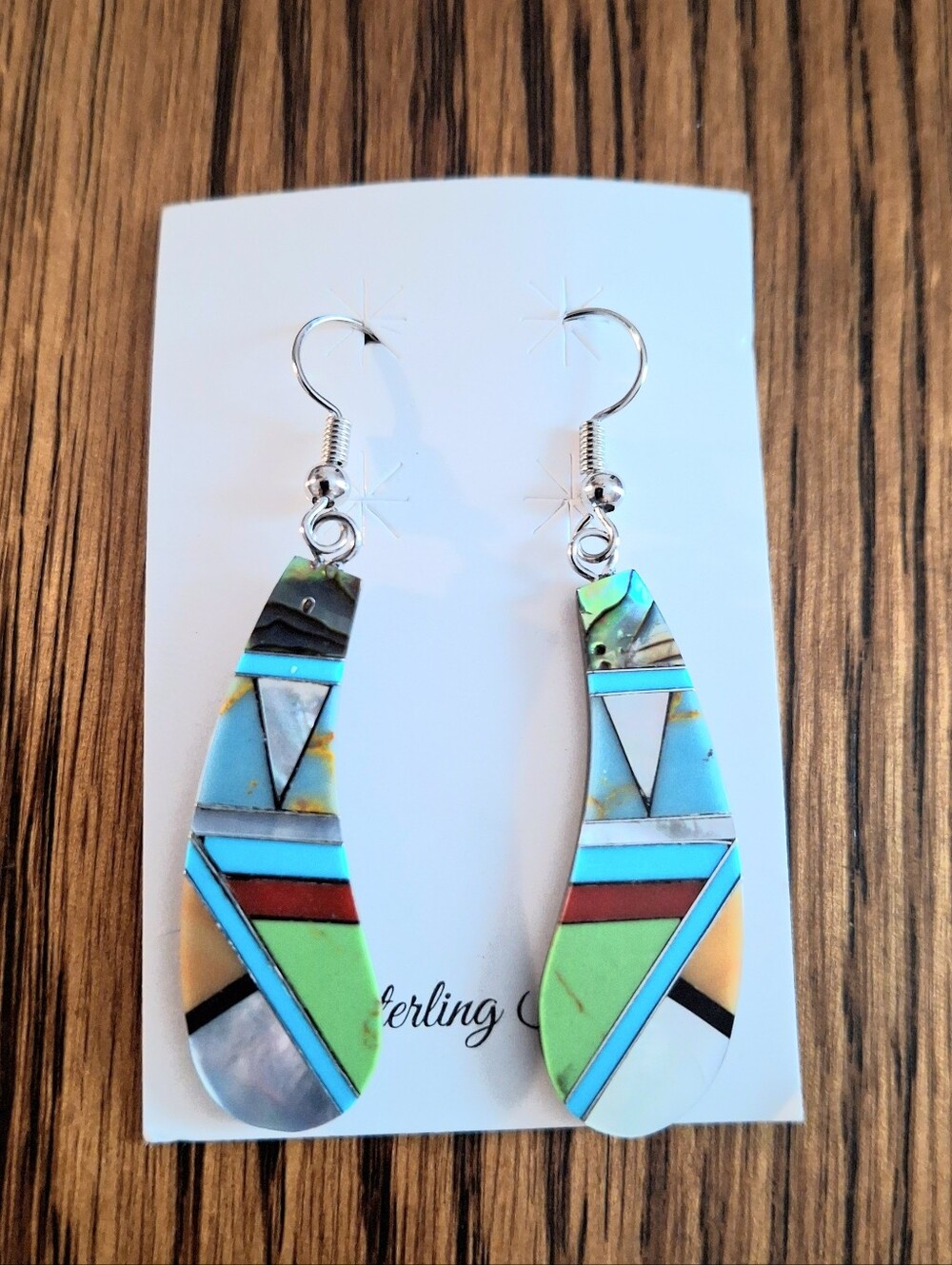 Southwestern Zuni Style Inlay Dangle Earrings Sterling Silver - Picture 2 of 5